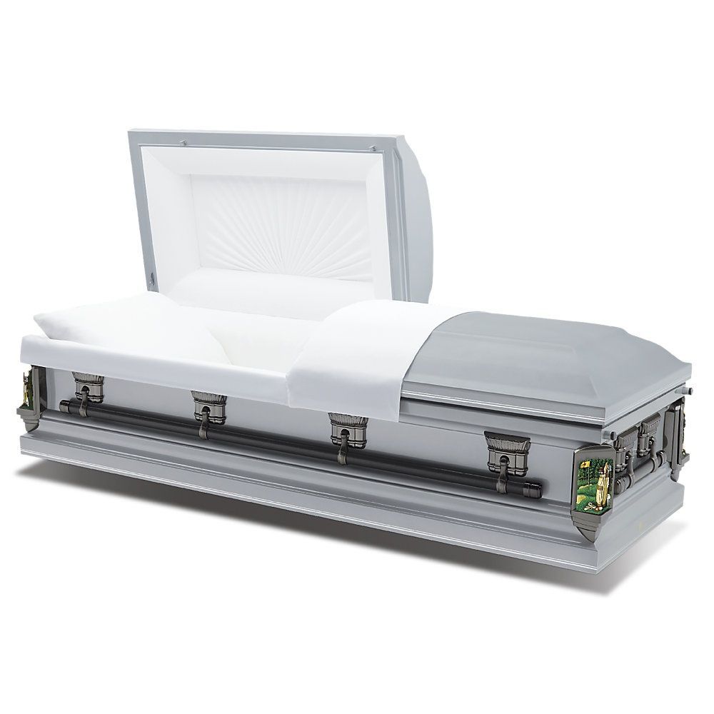 White open casket with silver trim and floral lining on a plain background