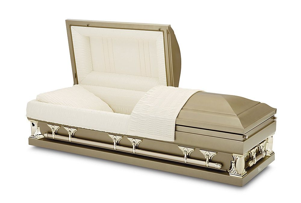 Beige casket with an open lid, shown at an angle on a white background