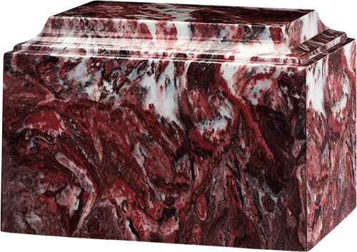 Red and white marbled stone urn with a stepped lid and rectangular base