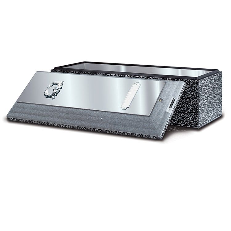 Silver rectangular urn with patterned sides and a hinged lid, shown open on white background