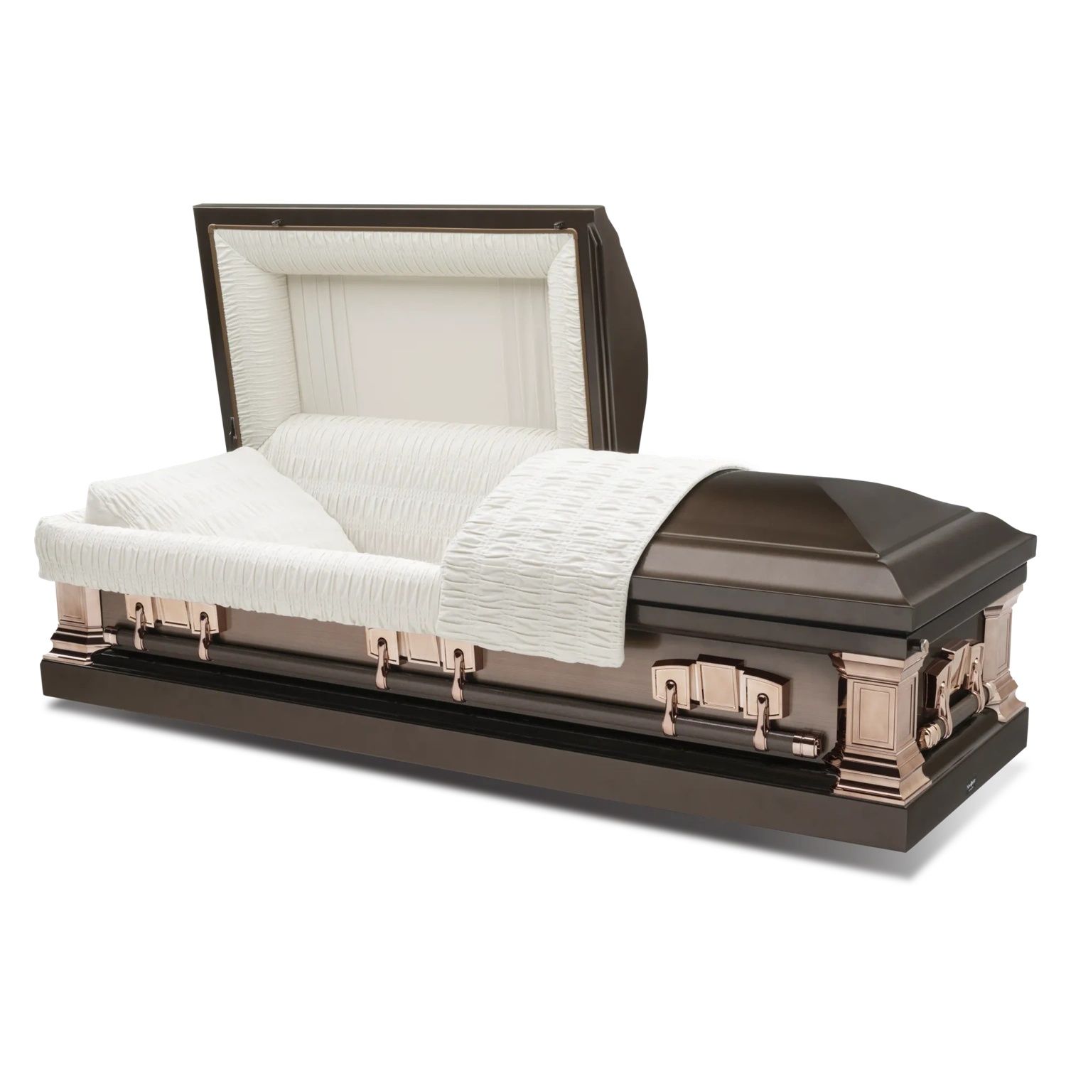 Open casket with a white-lined interior and dark brown exterior, shown partially open.