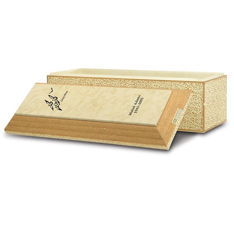 Wooden urn  with beige patterned case in the background