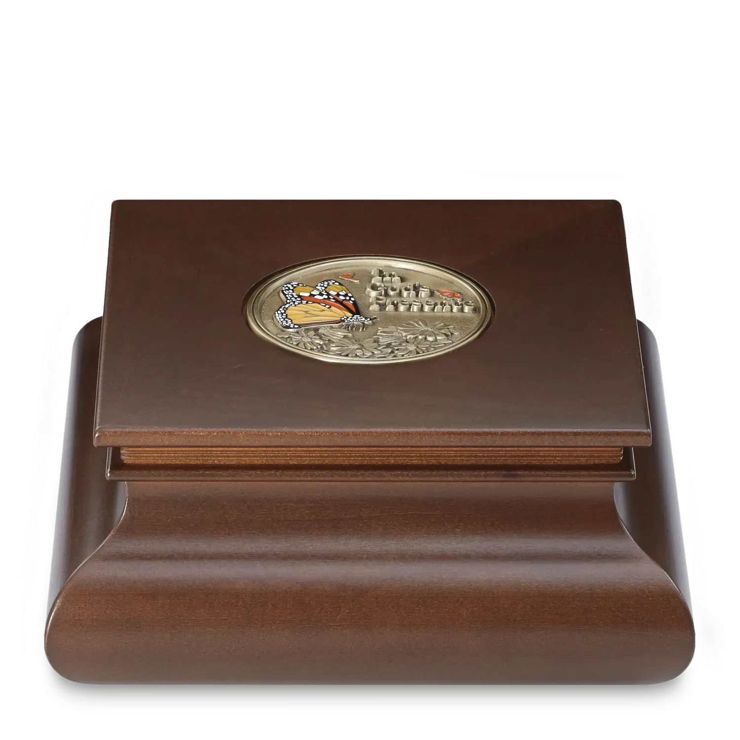 Brown wooden presentation box with a gold oval emblem on the lid