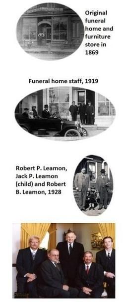 Historical photos of a funeral home and staff from 1869 to modern day.