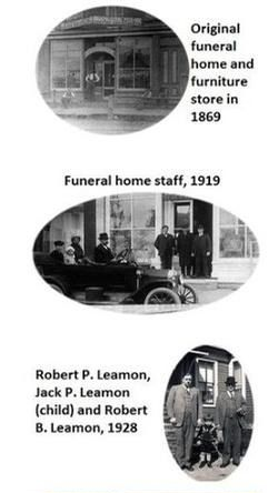 Historical photos of a funeral home and staff from 1869 to modern day.