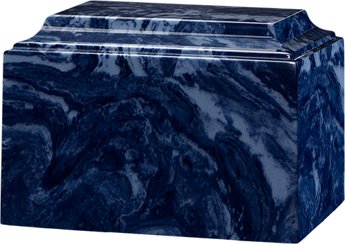 Blue marble cremation urn with white veining and a polished lid