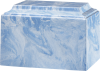 Blue and white marble-patterned urn in a clear rectangular case