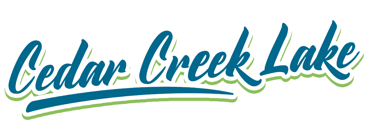 Cedar Creek Lake logo in blue script with green wave underline
