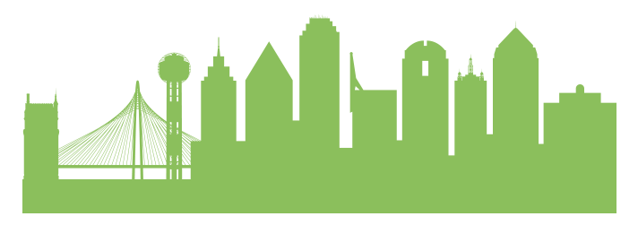 Green city skyline silhouette with a suspension bridge and tall buildings on a white background
