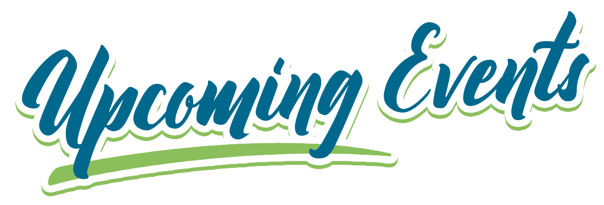 Stylized blue text reading “Upcoming Events” with a green underline