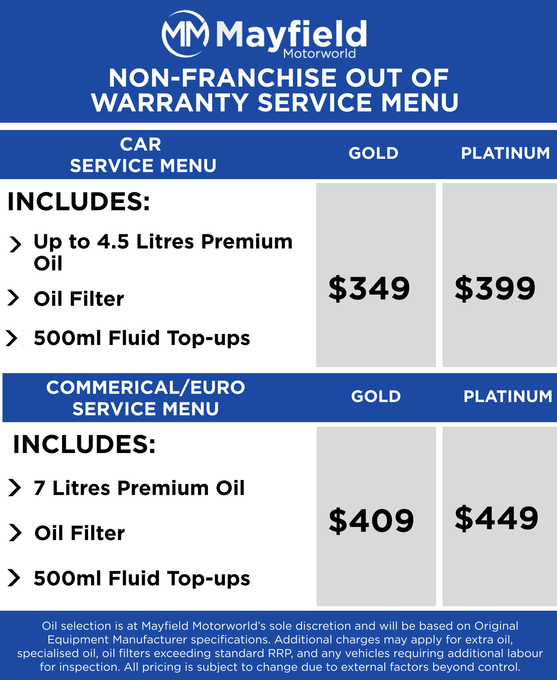 Mayfield Motorworld Non-Franchise - Out Of Warranty Service Menu