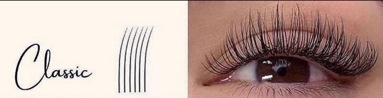 Close-up of an eye with classic lash extensions. Text