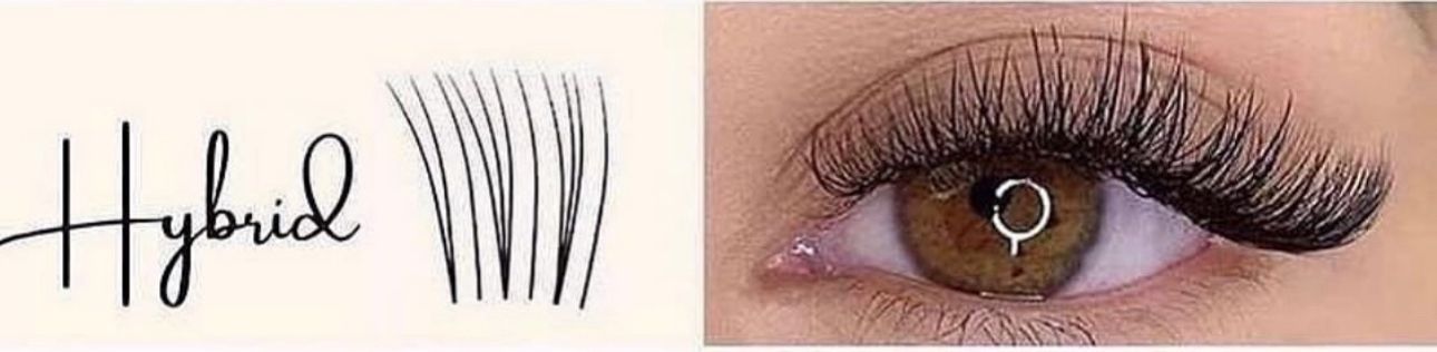 Hybrid lash style, text with eyelash illustration and eye with long, dark lashes.