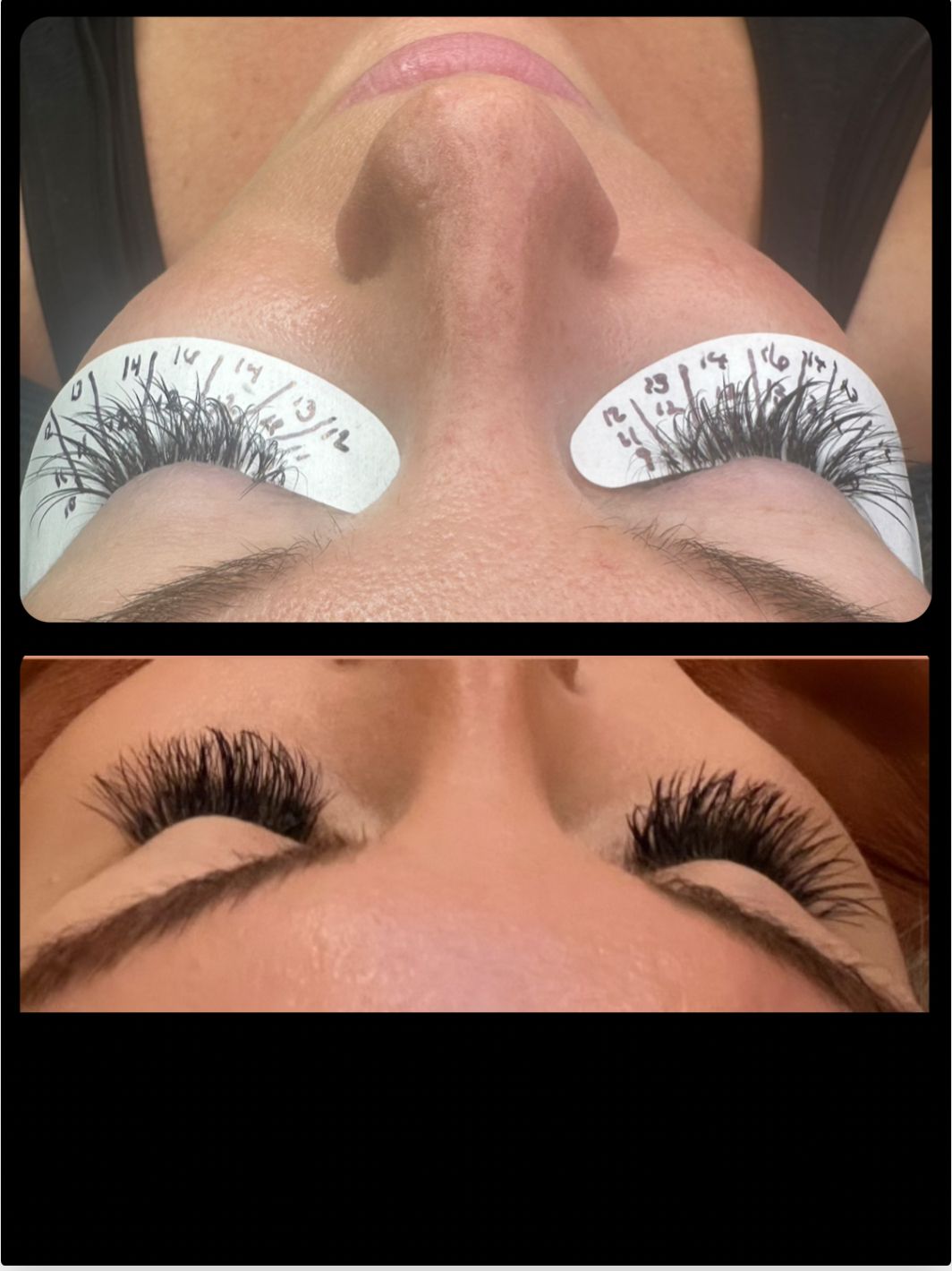 Top: Close-up of eyes with lash extensions, white under-eye pads with lash placement guide. Bottom: Finished lash extensions.
