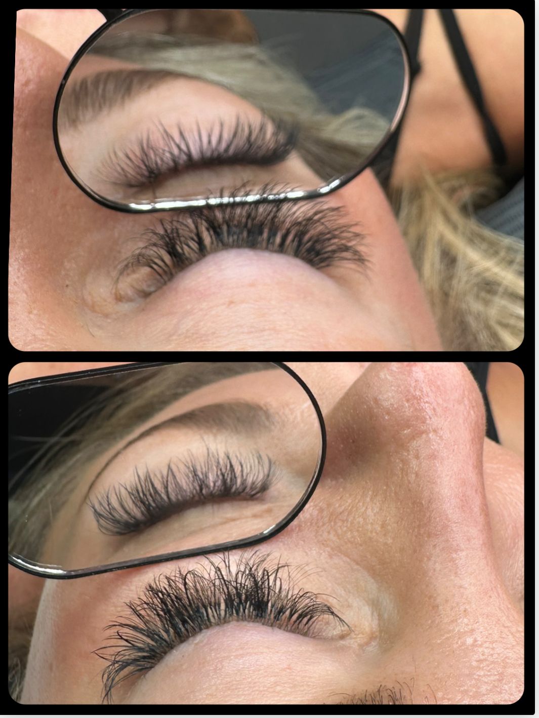 Close-up of eyes with lash extensions, framed by a magnifying lens. Top and bottom views demonstrate the before and after effects.