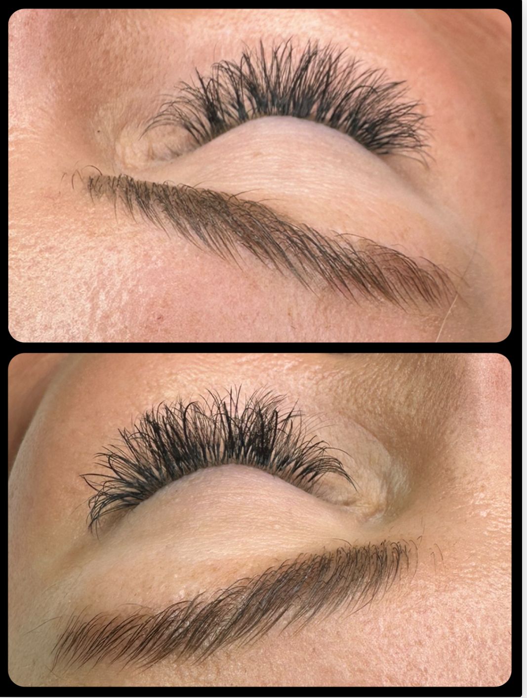 Two close-up views of a closed eye with dark, full eyelashes and a well-groomed eyebrow.