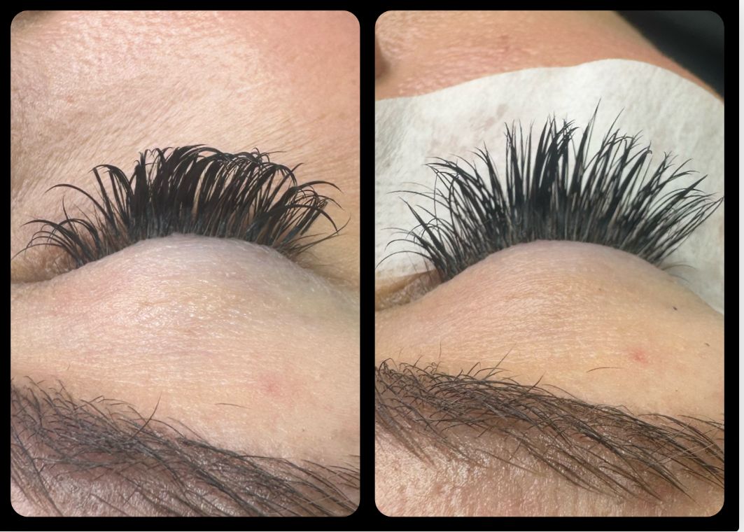Two close-up views of an eye with thick, dark lashes; before and after lash extensions.