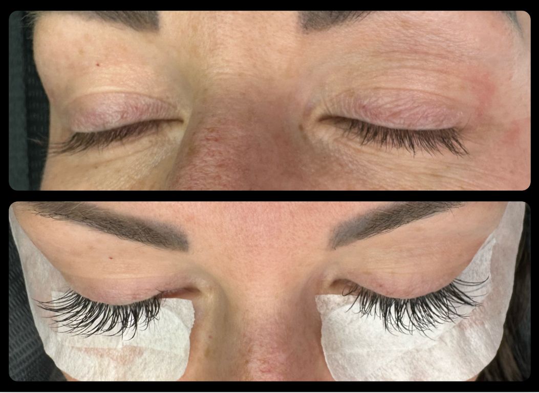 Top: closed eyes with short lashes. Bottom: same eyes with long lash extensions, under-eye pads.
