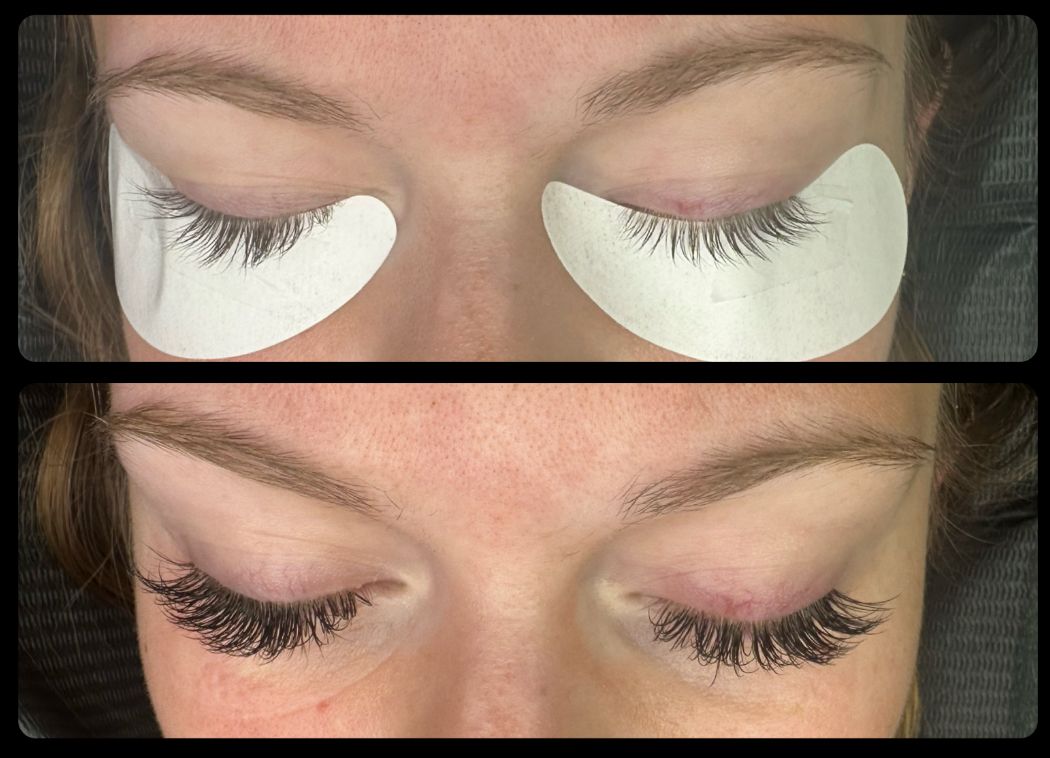 Top: eyes with patches, lashes. Bottom: same eyes, full lash extensions.