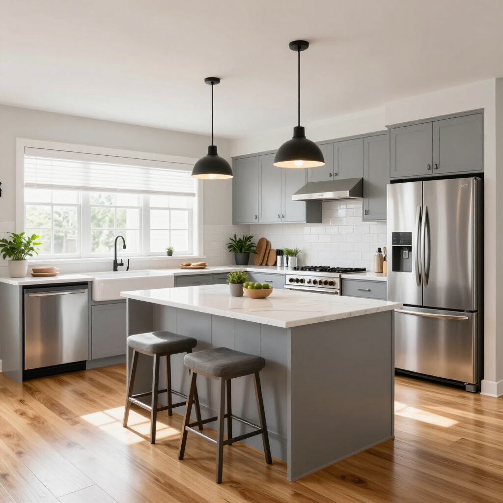 renovated Modern gray kitchen with stainless steel appliances, white island, pendant lights, and hardwood floors