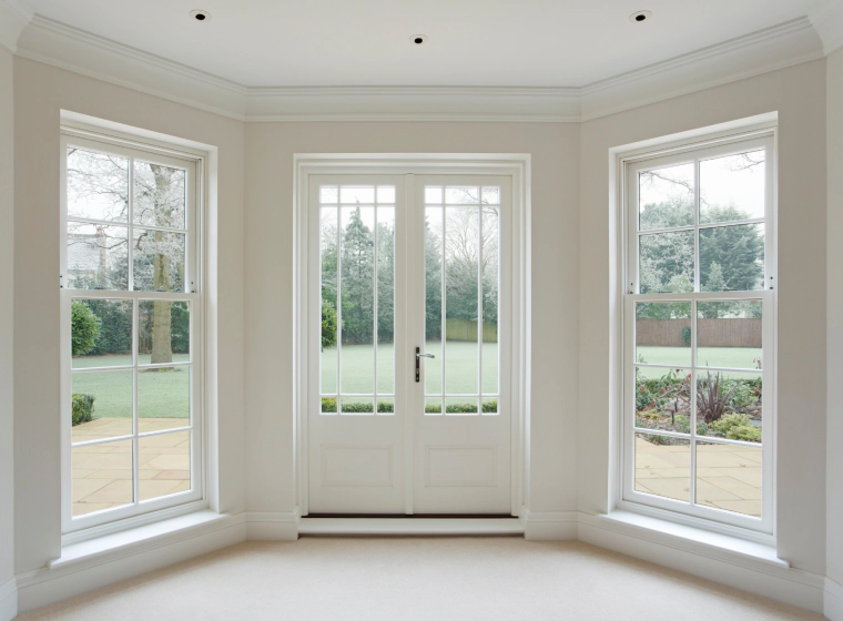 Bright empty room with white double French doors flanked by tall windows overlooking a yard