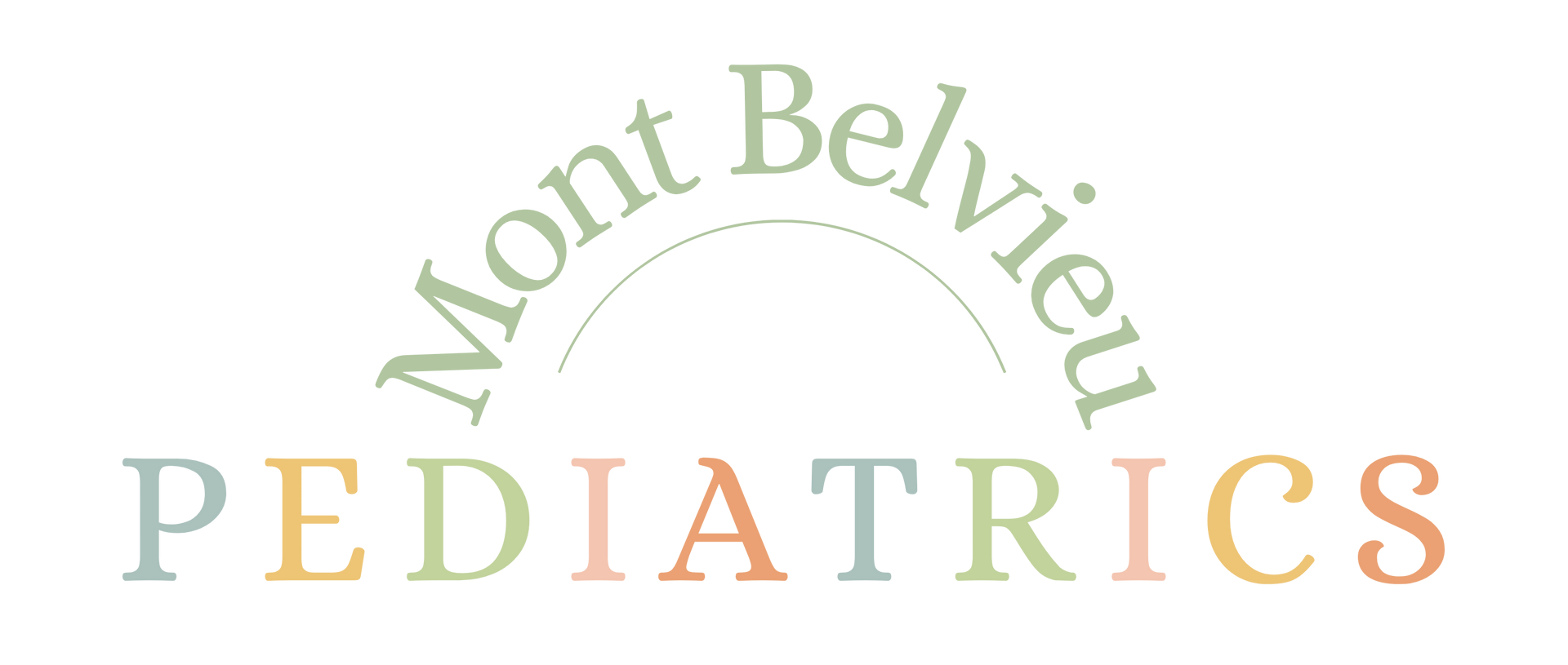 Mont Belvieu Pediatrics logo with pastel rainbow arc and green text on white background