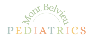 Mont Belvieu Pediatrics logo with pastel rainbow arc and green text on white background