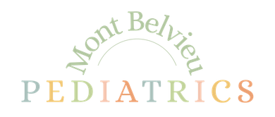 Mont Belvieu Pediatrics logo with pastel rainbow arc and green text on white background