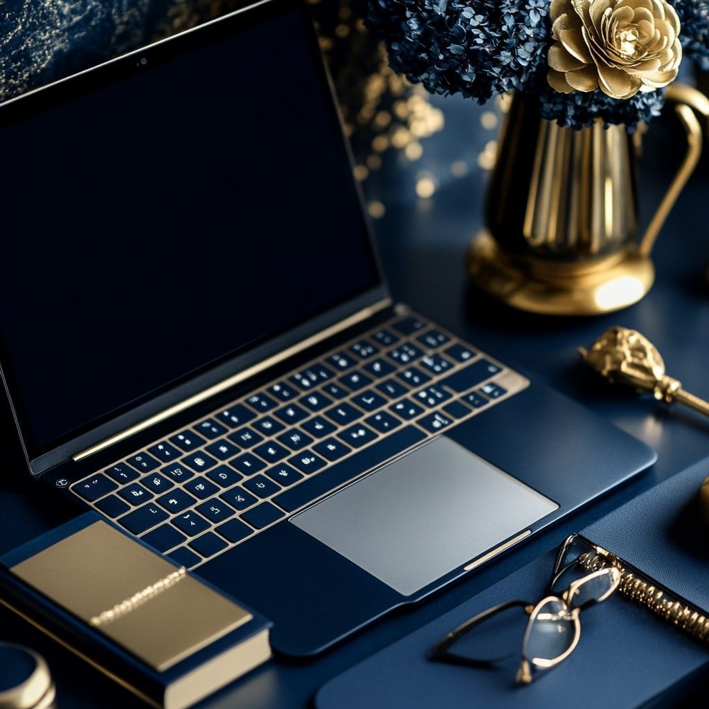 A laptop is sitting on a desk next to a vase of flowers and a pair of glasses