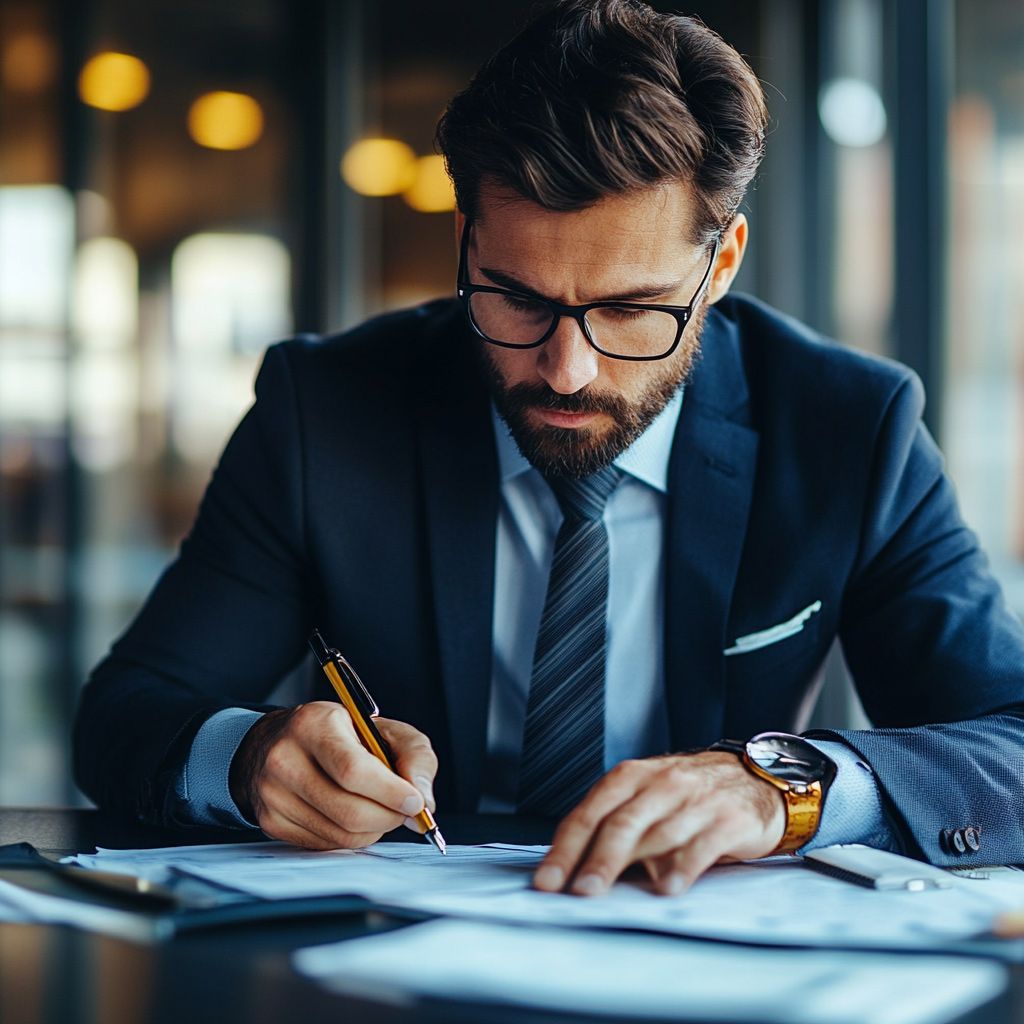 A man in a suit and tie is writing on a piece of paper