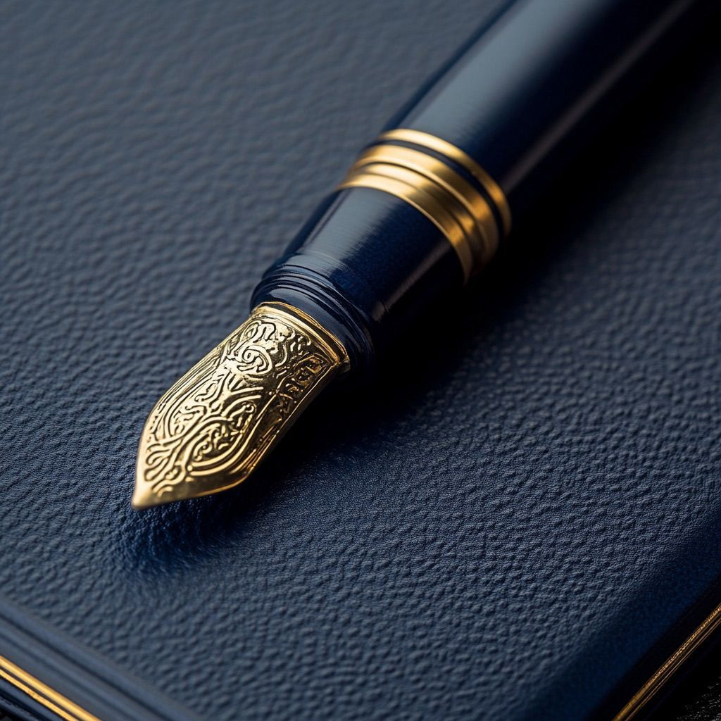 A fountain pen is sitting on top of a blue book