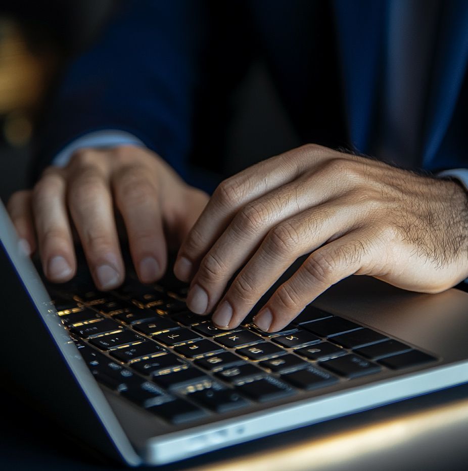 A close up of a person's hands typing on a laptop