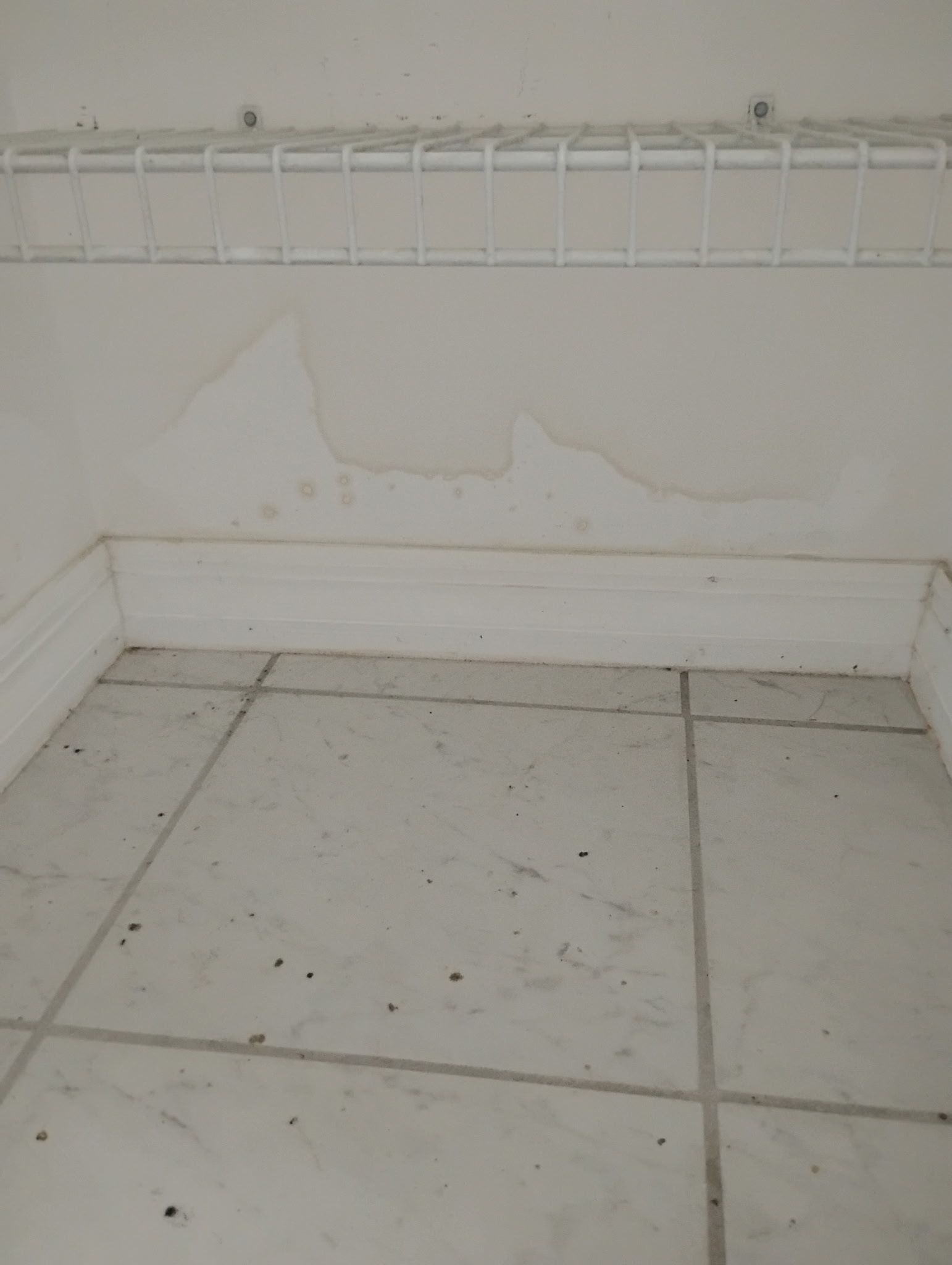 White wall with water damage, above white baseboard, tiled floor, and wire shelf.