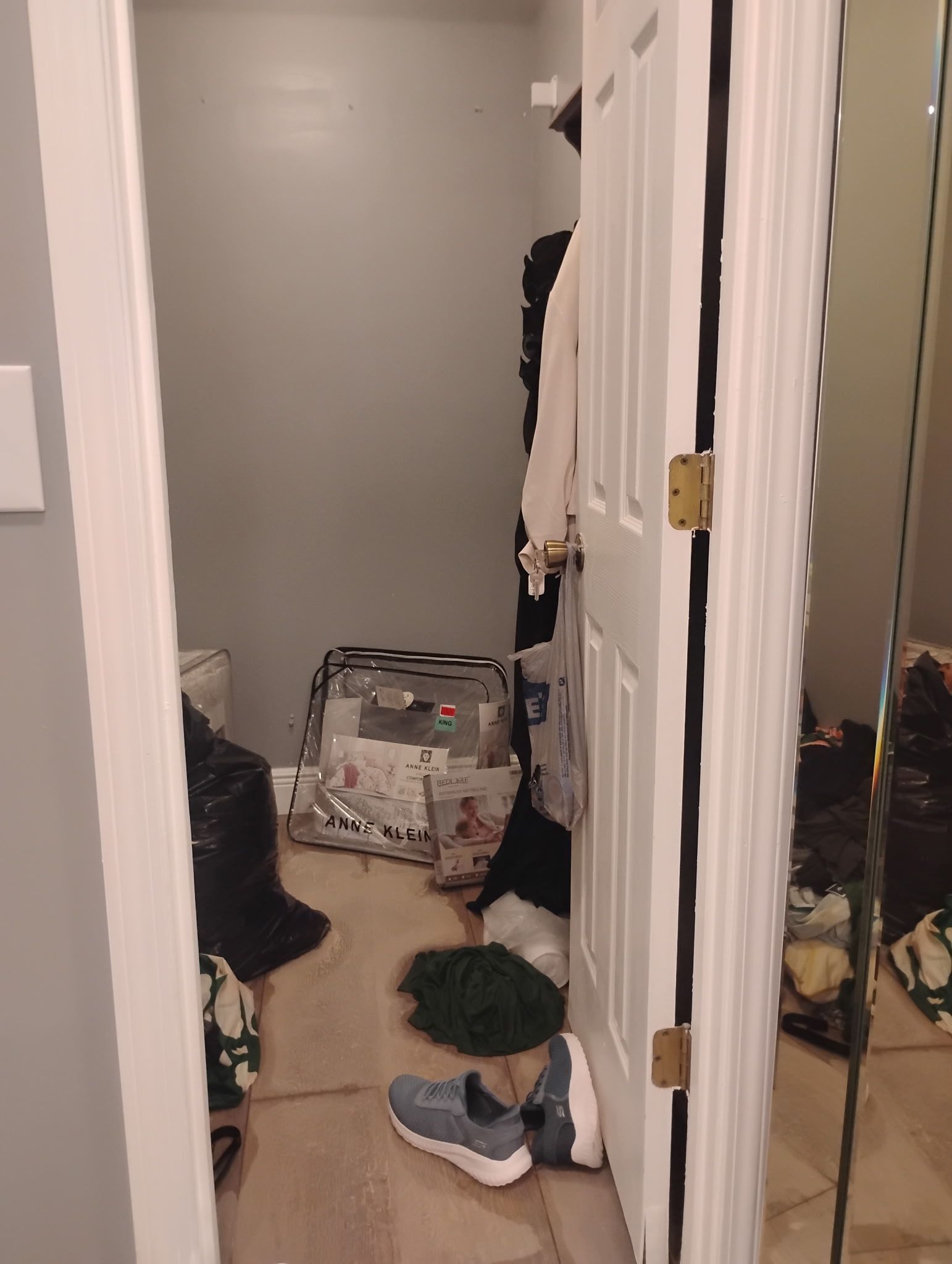 Open closet with clutter and shoes on the floor. White door, gray walls, and wood floor.