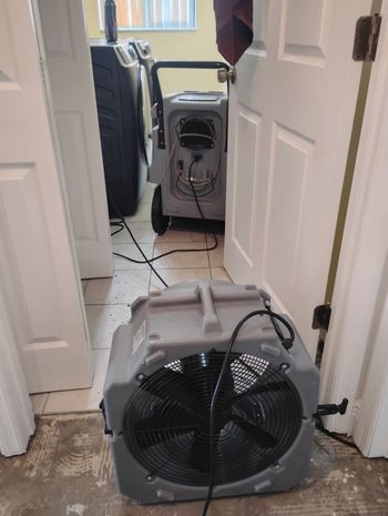 Two industrial fans in a narrow doorway, drying equipment. A washing machine is visible in the background.