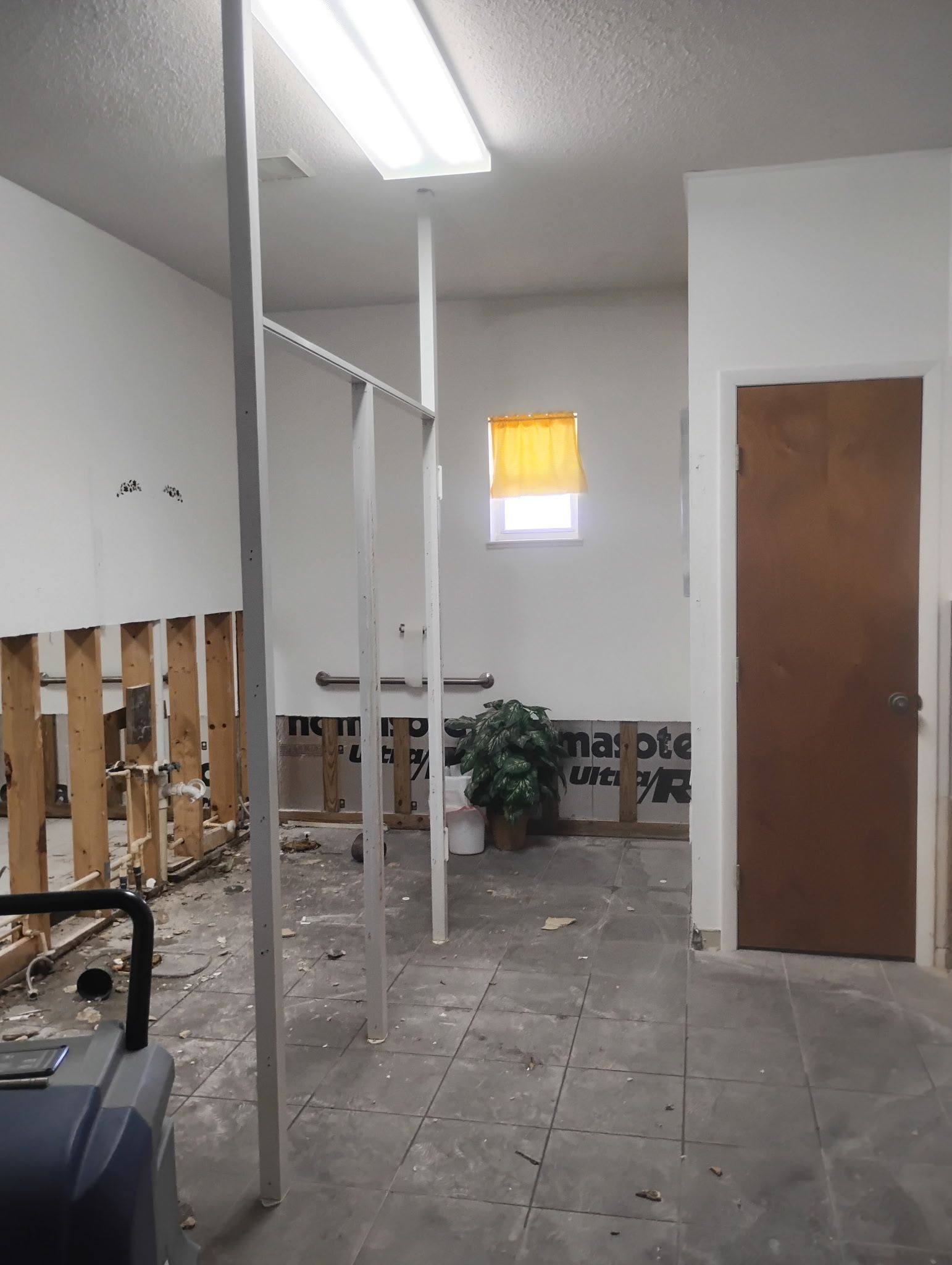 Interior of a gutted room with exposed studs, white walls, and a closed brown door.