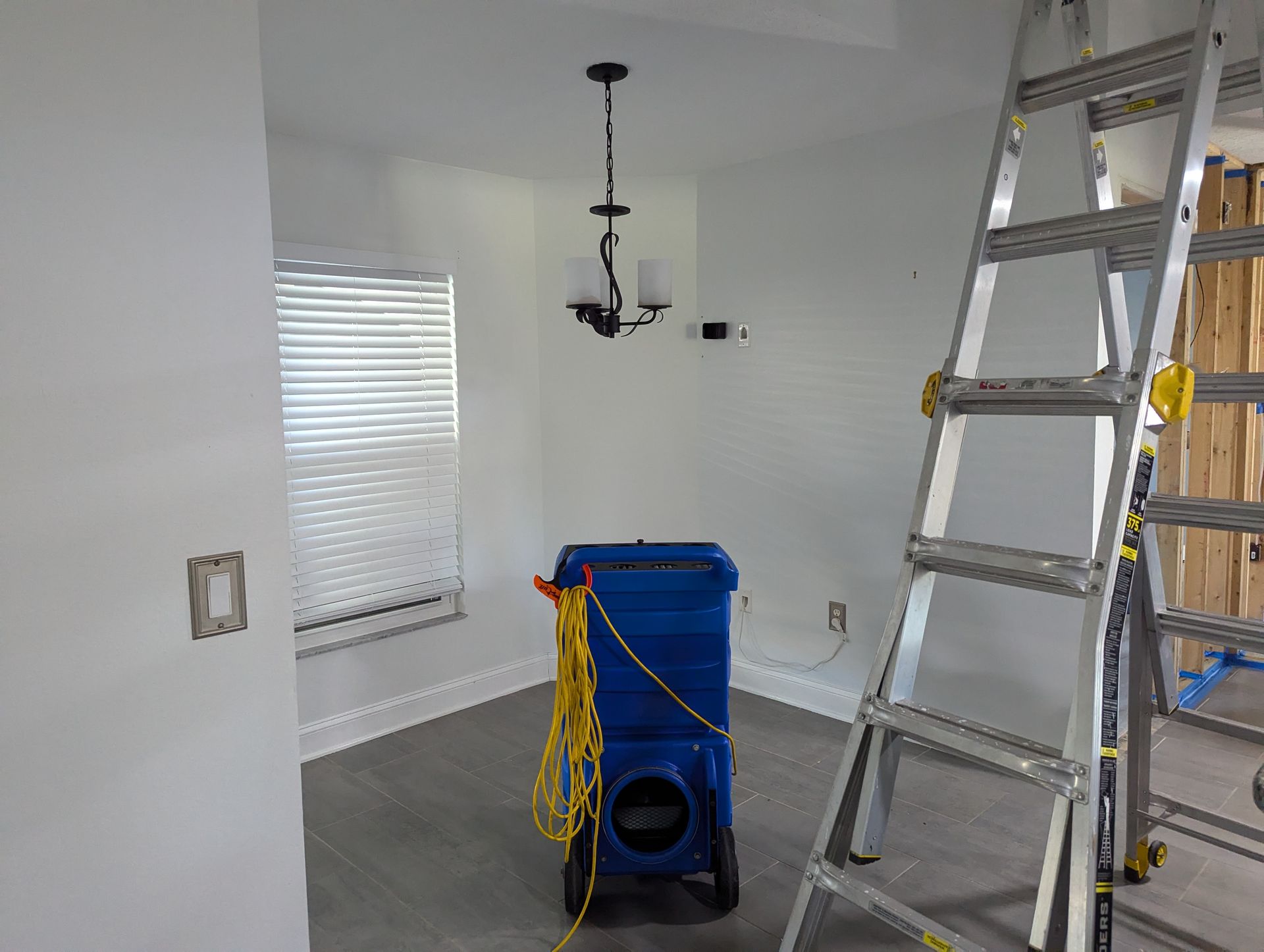 A room with a ladder and a blue machine in it.