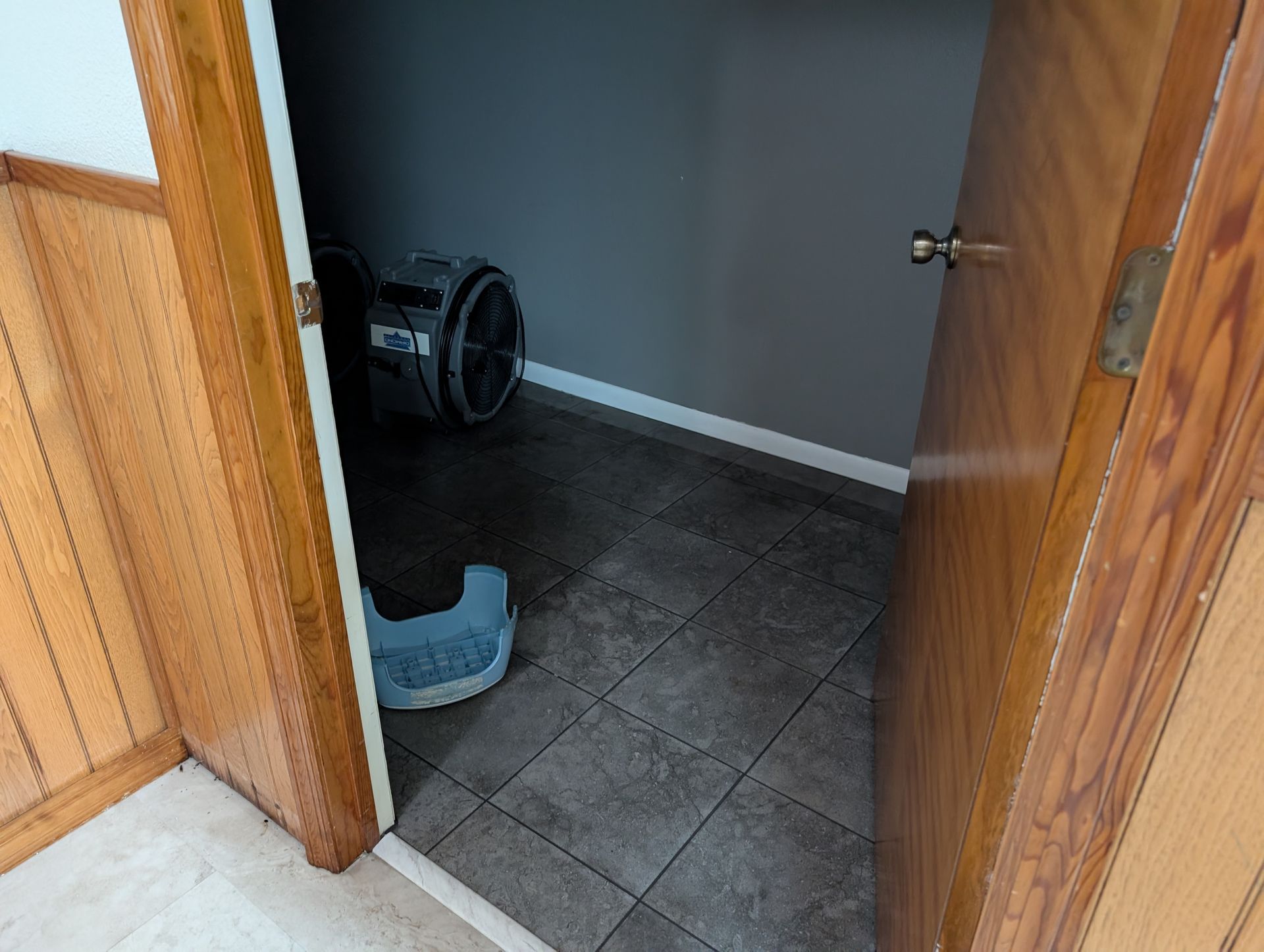 Open closet with tiled floor, vacuum, and blue footstool. Brown door and trim. Gray walls.