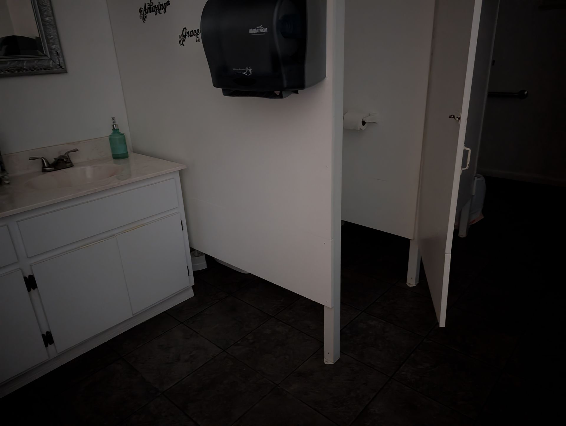 Public restroom with a sink, toilet paper dispenser, and stall. White walls and cabinets.