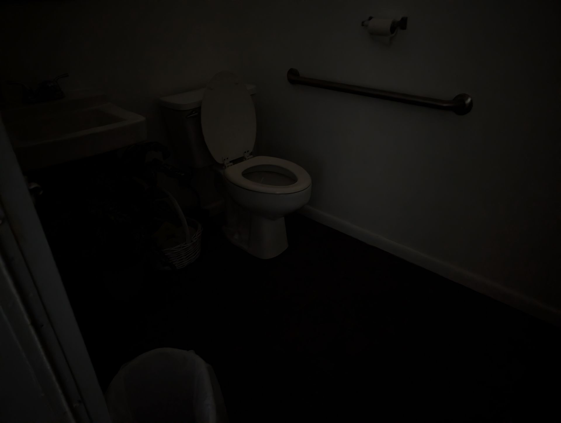 Dark bathroom with a toilet, sink, and grab bar on the wall.