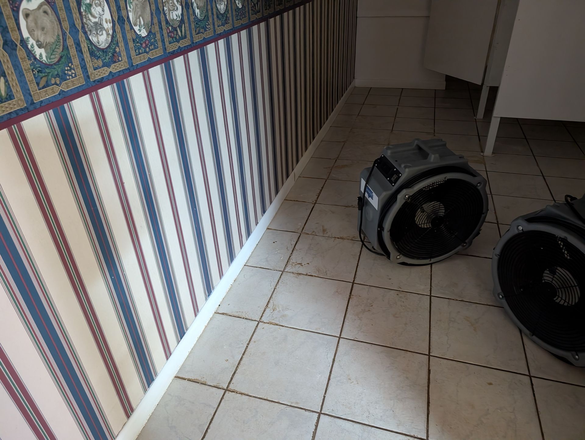 Two circular fans on tile floor next to striped wallpaper, indicating possible water damage mitigation.