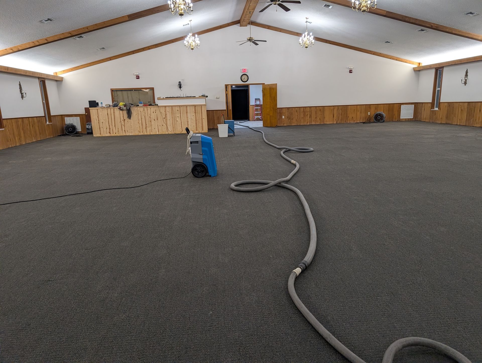 Large room with dark carpet; carpet cleaner with long hose; light-colored walls and ceiling.