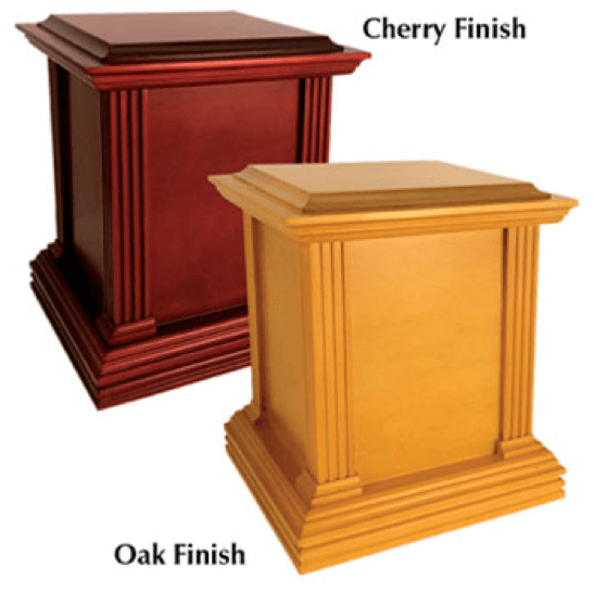 Two wooden podiums, one cherry finish and one oak finish, on a white background.
