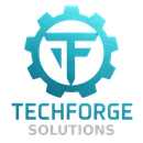 TechForge Solutions logo with teal gear and TF monogram above gray text