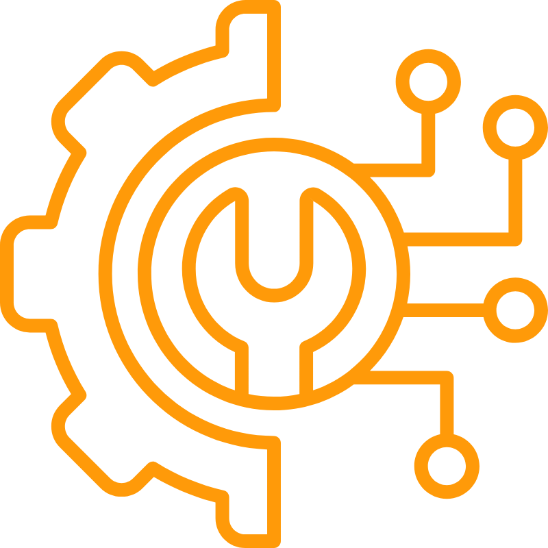 Orange gear with a wrench and circuit lines, representing technology maintenance or settings