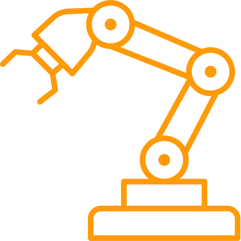 Orange outline of a robotic arm with gripper on a base, shown in profile
