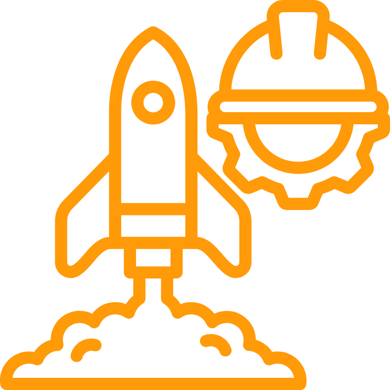 Orange rocket launch icon with a gear and hard hat above, suggesting engineering or startup concept