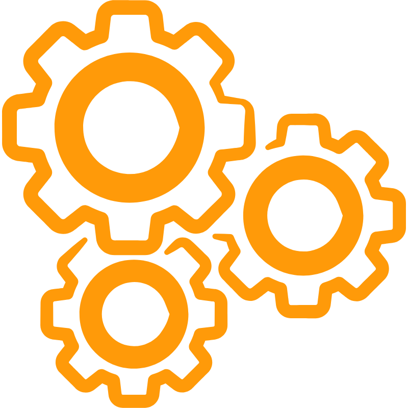 Three orange outlined gears interlocking on a white background