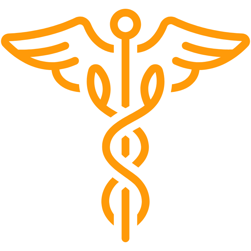 Orange caduceus medical symbol with wings and two snakes intertwined around a staff
