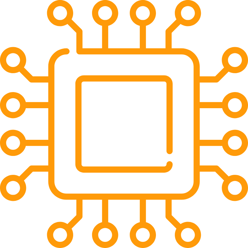 Orange microchip icon with circuit lines extending outward on a white background